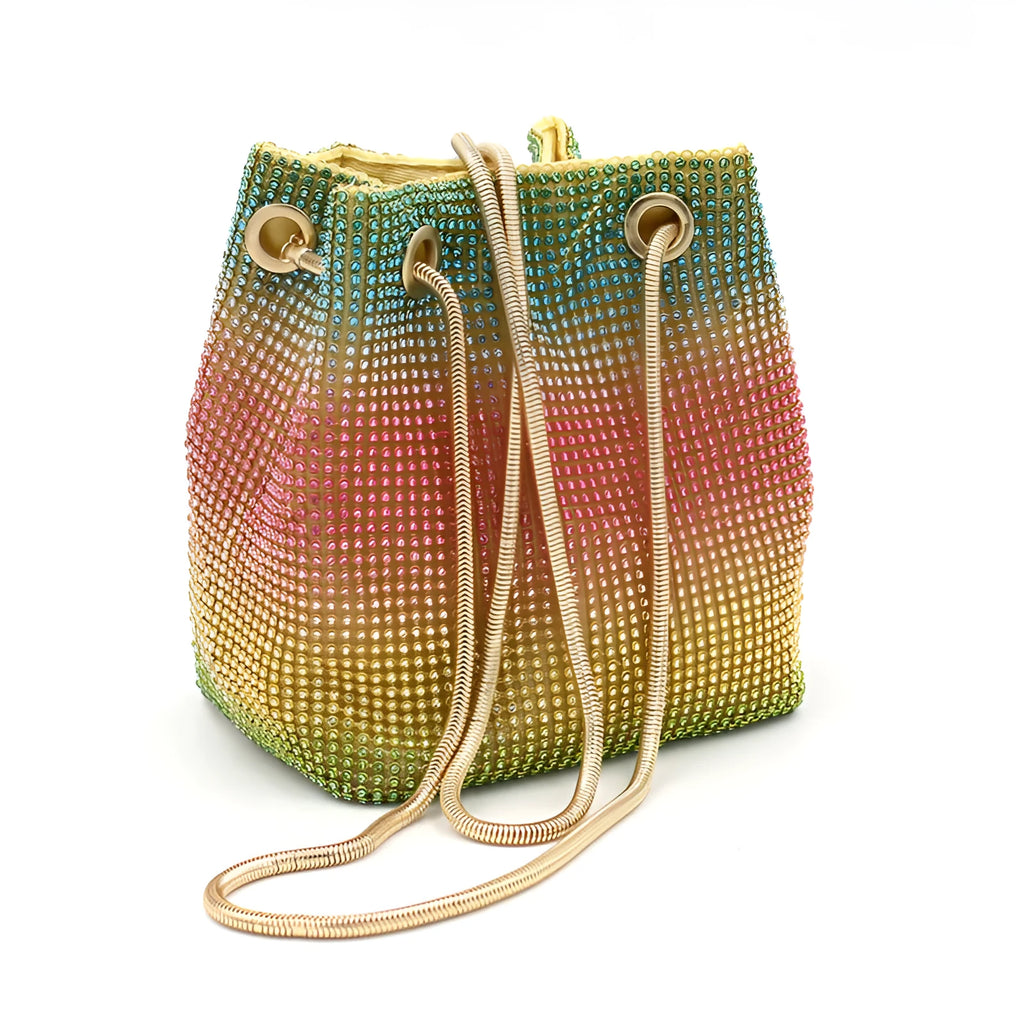 Sparkling rhinestone bucket handbag with a soft, unstructured shape on a neutral background.