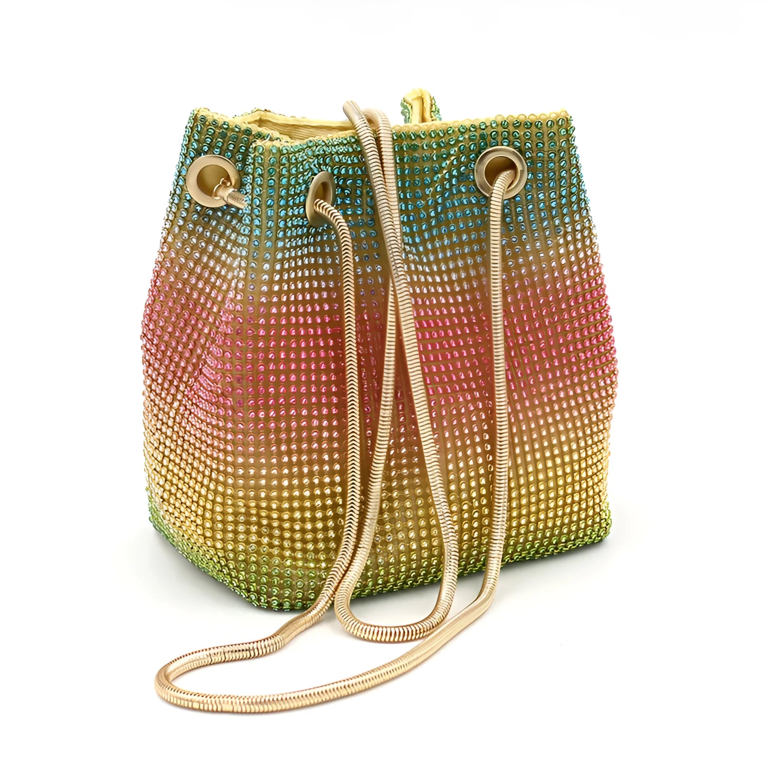 Sparkling rhinestone bucket handbag with a soft, unstructured shape on a neutral background.