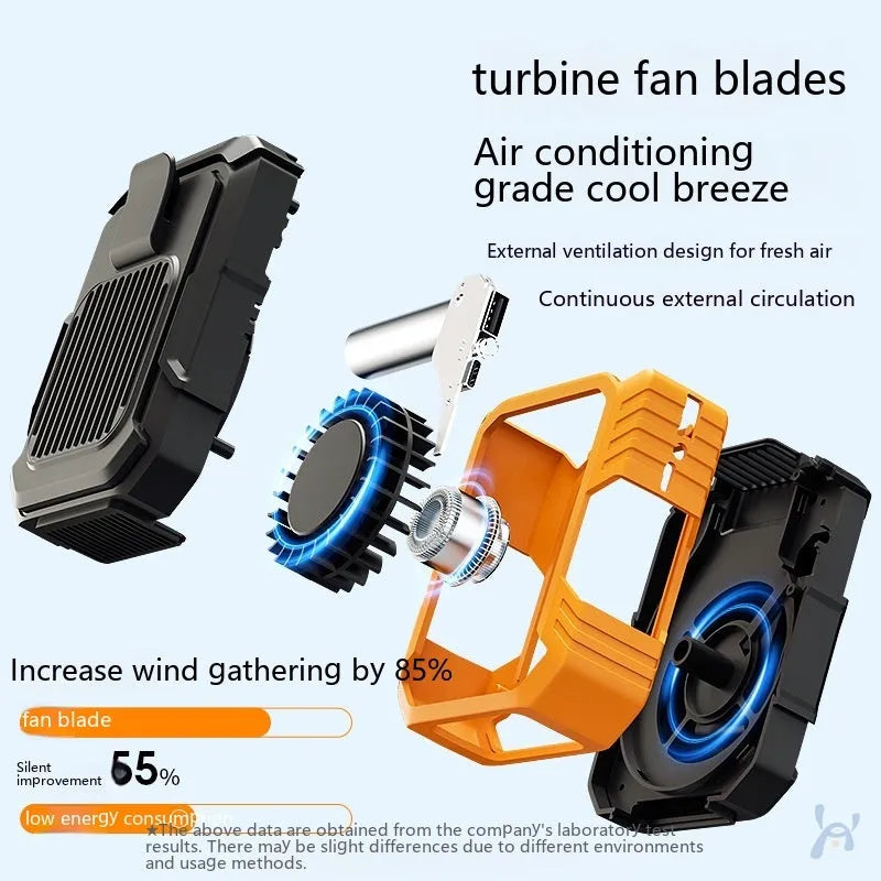 Green wrist-mounted fan with blades, LED light, and USB charging port on a silicone strap.