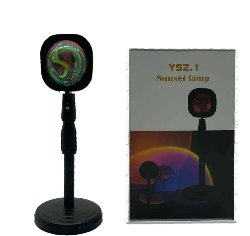 Rechargeable sunset lamp projecting rainbow colours with USB cable and push-button control