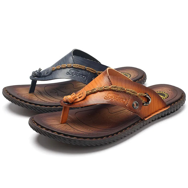 Plus size dark blue men's outdoor slippers with herringbone rubber sole and artificial PU upper.