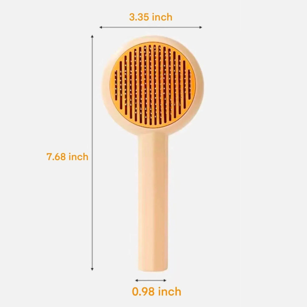 Blue self-cleaning pet grooming brush with angled stainless steel bristles and massage tips