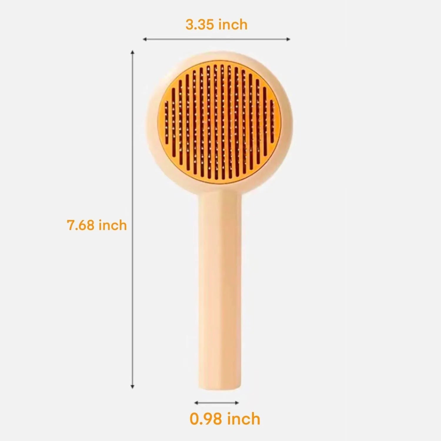 Blue self-cleaning pet grooming brush with angled stainless steel bristles and massage tips