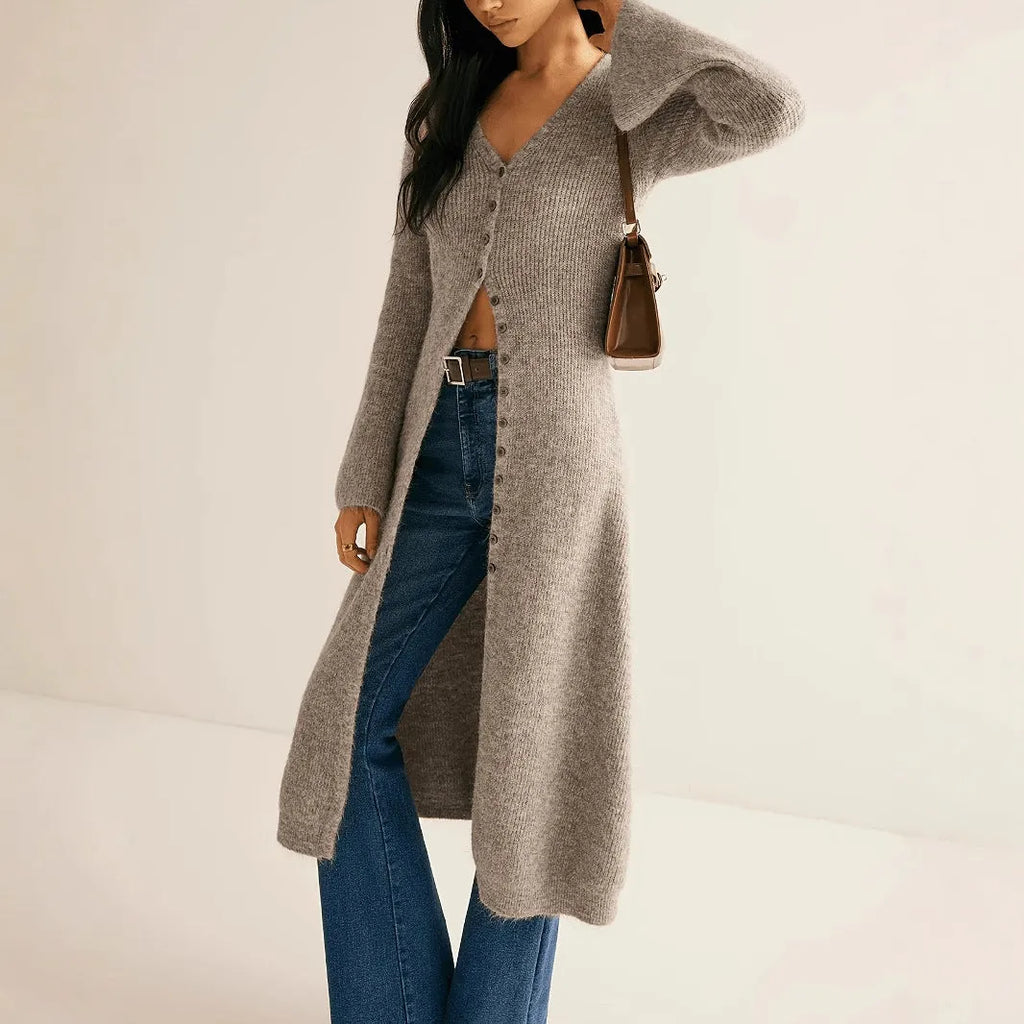 Khaki women's long sleeve cardigan coat with button-front closure in a retro French style.
