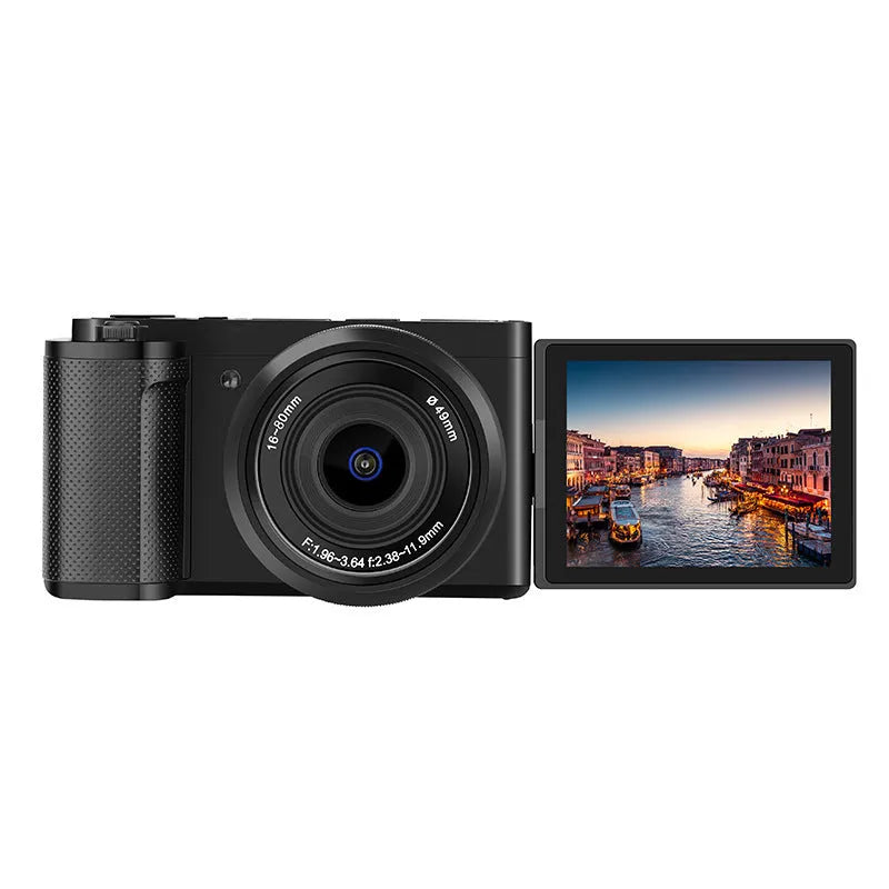 Optical digital micro single camera in black with ultra wide angle lens, touch screen, 117x84x66mm, sling attached, on travel background