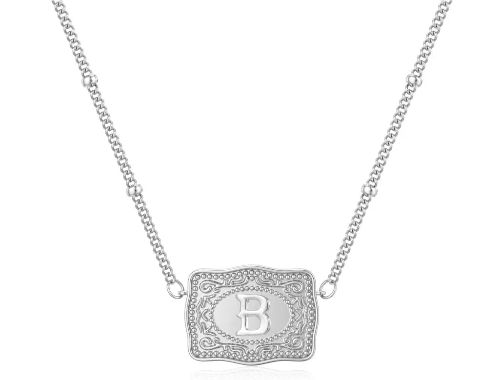 Copper European and American letters pendant necklace on a chain with gold electroplated finish.