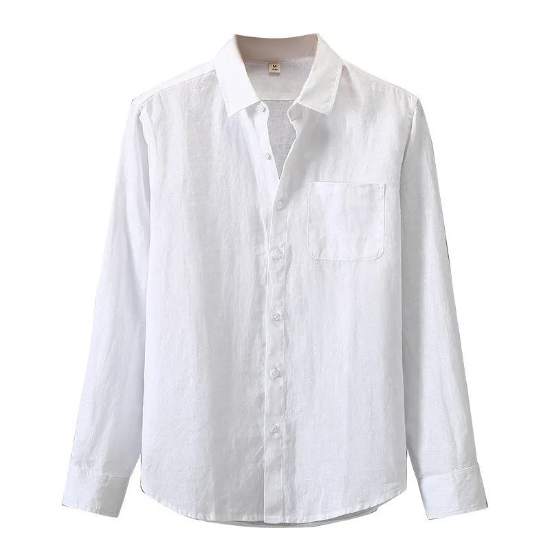 Long sleeve linen shirt in cardigan style with Chinese design elements, shown in light colour on hanger