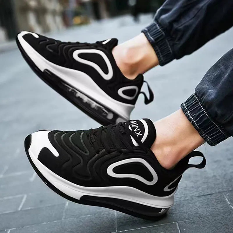 Men's black lace-up sneakers with air cushion technology and thick sole for running