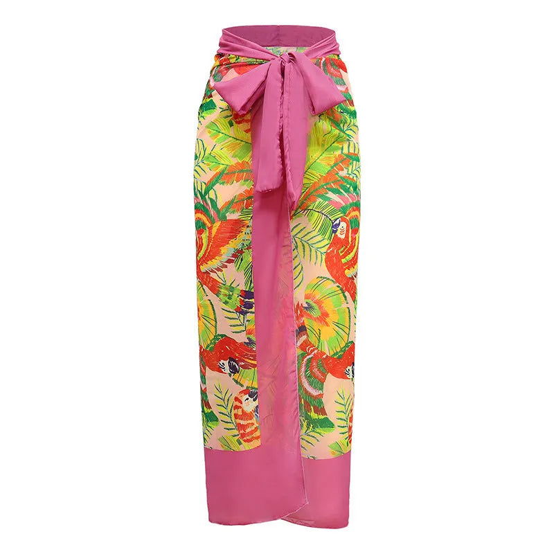 Retro pink floral print women's one-piece swimsuit with a V-neck, covered belly, and thin skirt.