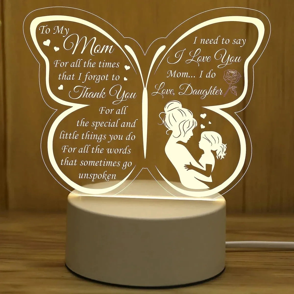 White heart-shaped table lamp with acrylic shade and touch switch on wooden desk