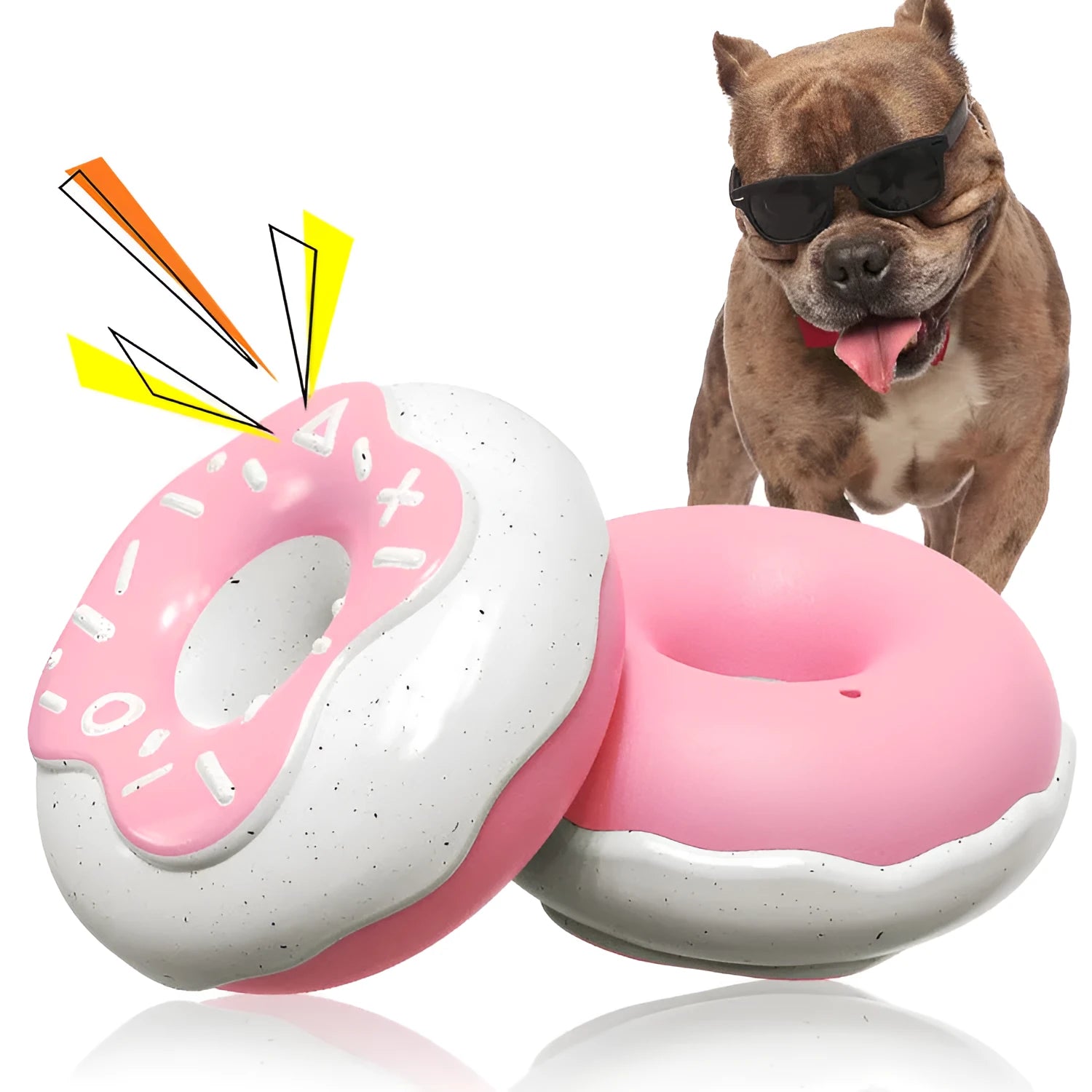 TPR molar cleaning donut dog toy in pink, chocolate and yellow colours showing textured surface