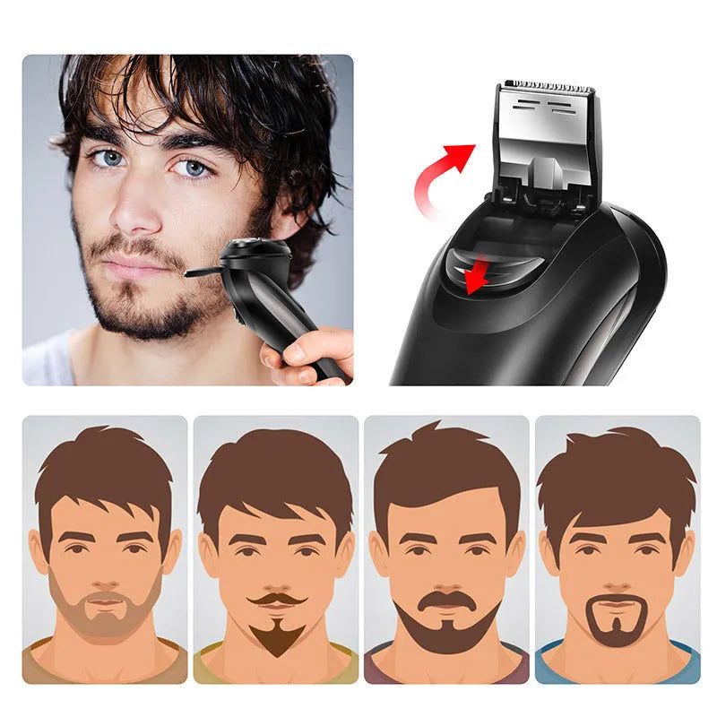 Electric shaver with three rotating heads and pop-up sideburn trimmer on black background