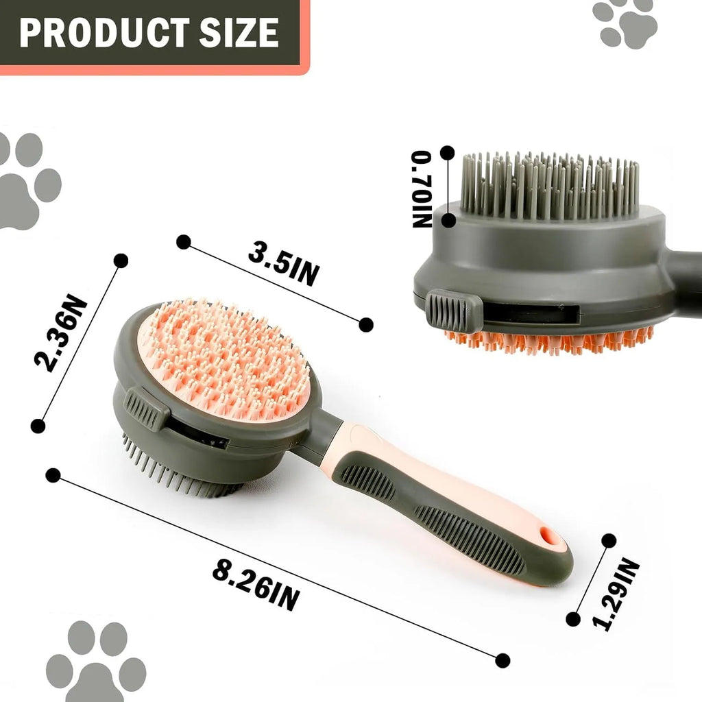 Double-sided cat brush with release button and flea comb in pink and green options