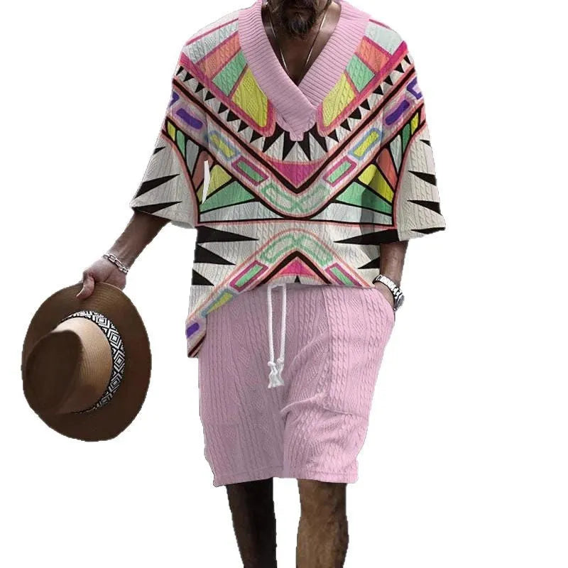 Loose fitting casual short sleeve suit with matching shorts in polyester fabric