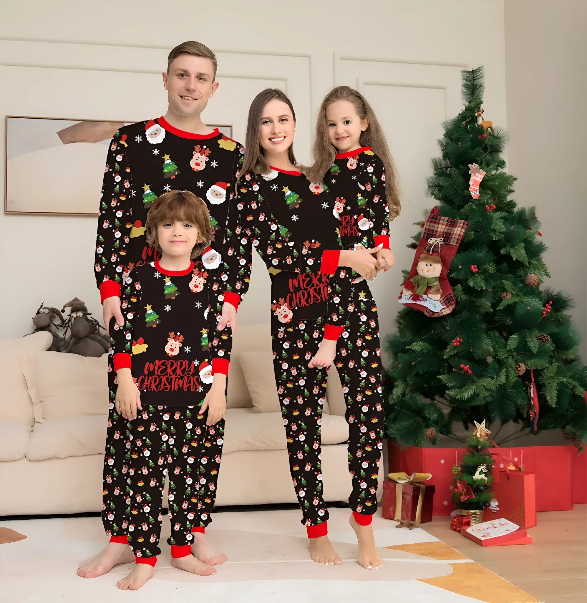 Family Christmas matching pyjamas set in 95% cotton with plaid and cartoon prints for adults, children, babies, and dogs