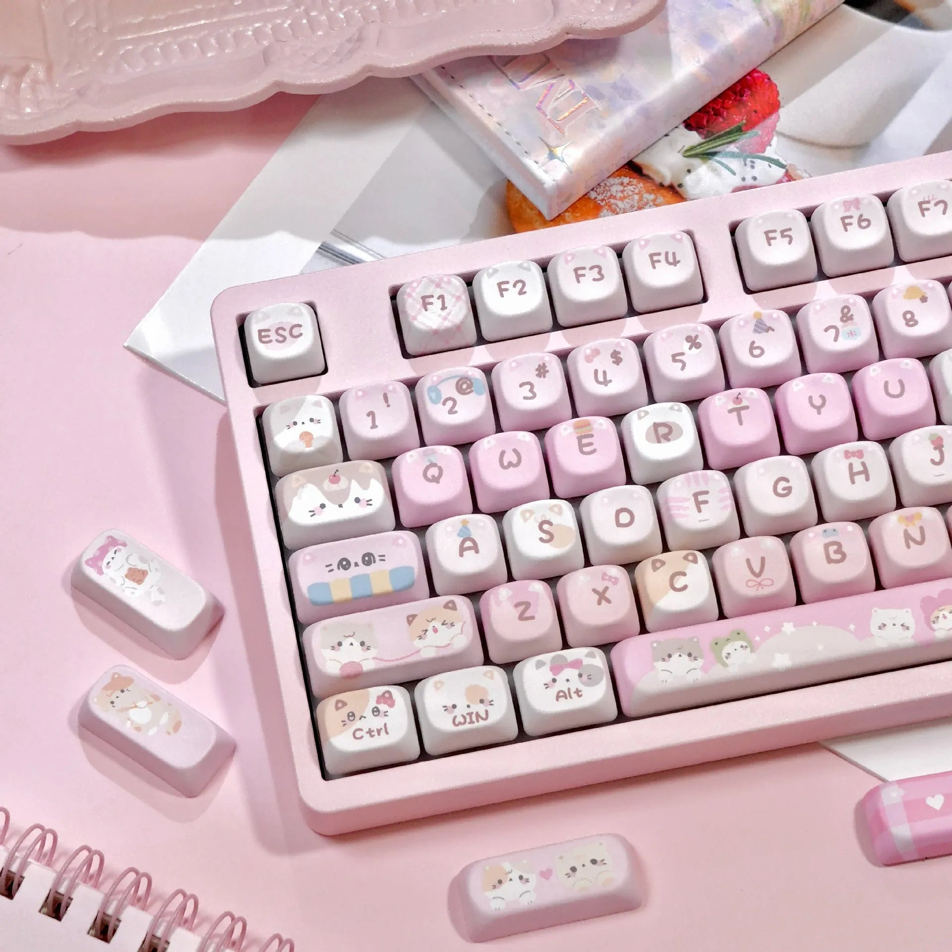 Set of pink cartoon character keycaps for mechanical keyboards with design on all sides.