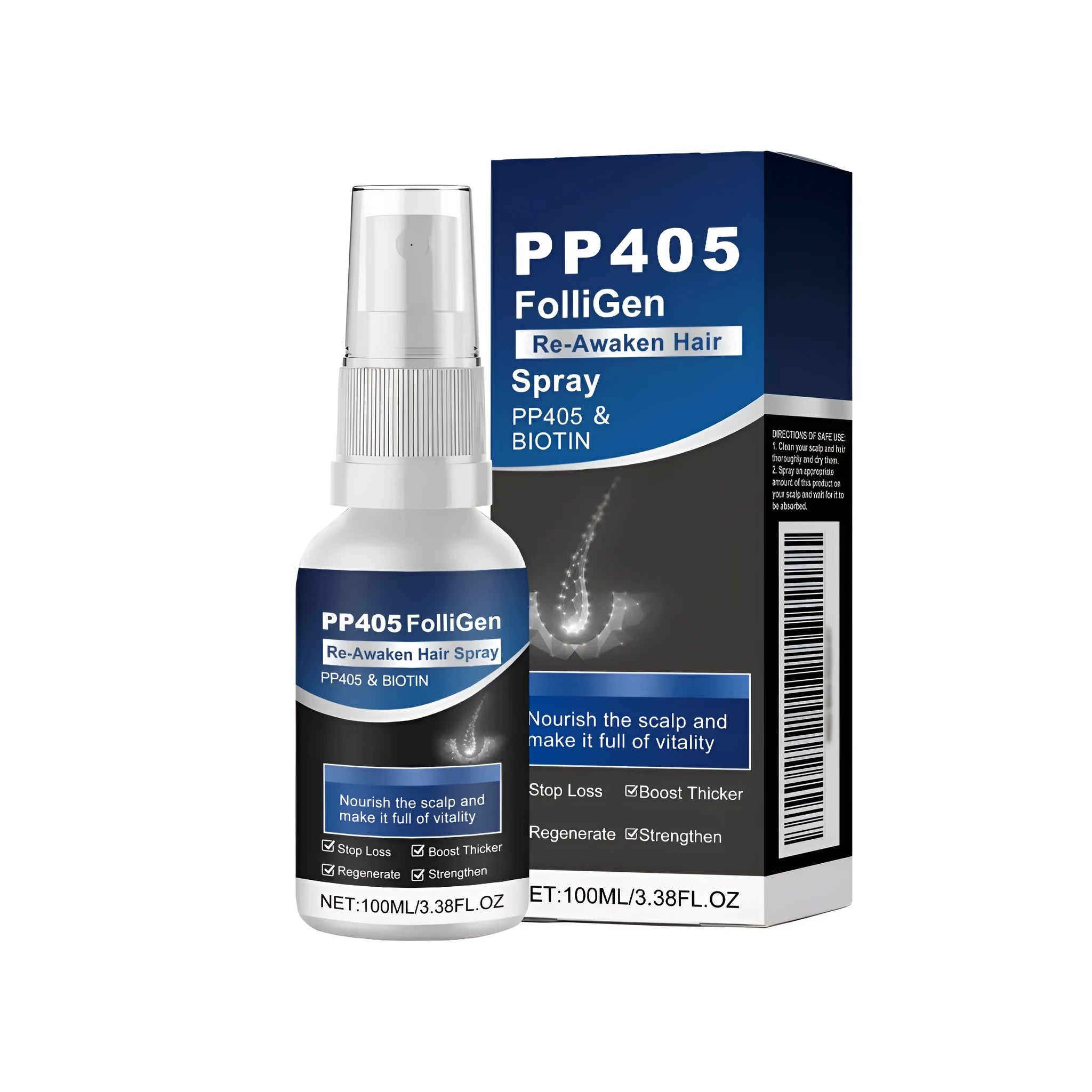 100ml hair nourishing spray bottle with natural ingredients including ginger oil and biotin