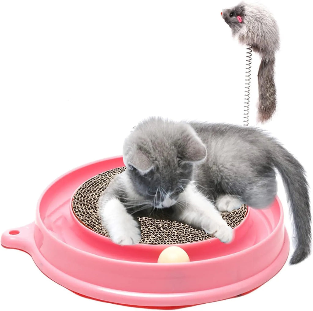 Blue cat scratcher with circular ball track and replaceable cardboard scratching surface