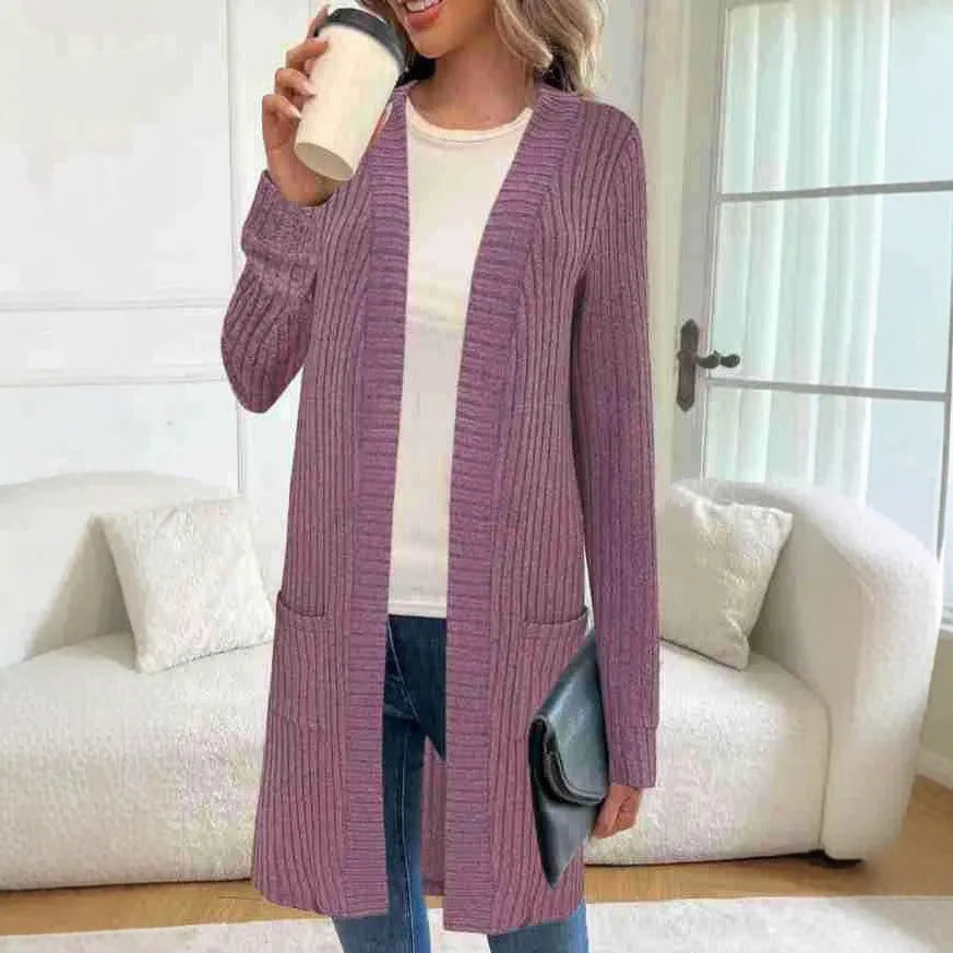 A loose-fitting long sleeve knitted cardigan jacket with pockets, shown in black, wine red, and grey colours.