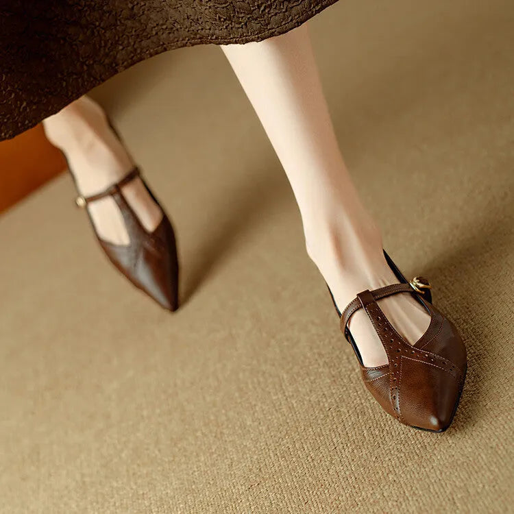 Brown women's pointed low-cut flat shoes with cowhide leather and 3-5cm mid heel