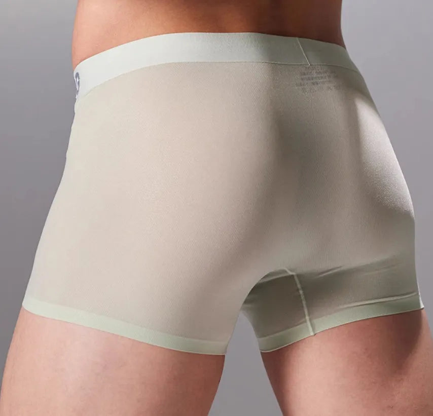 Men's lightweight seamless fitness underwear in black, shown flat, highlighting the antibacterial fabric and stretchy material.