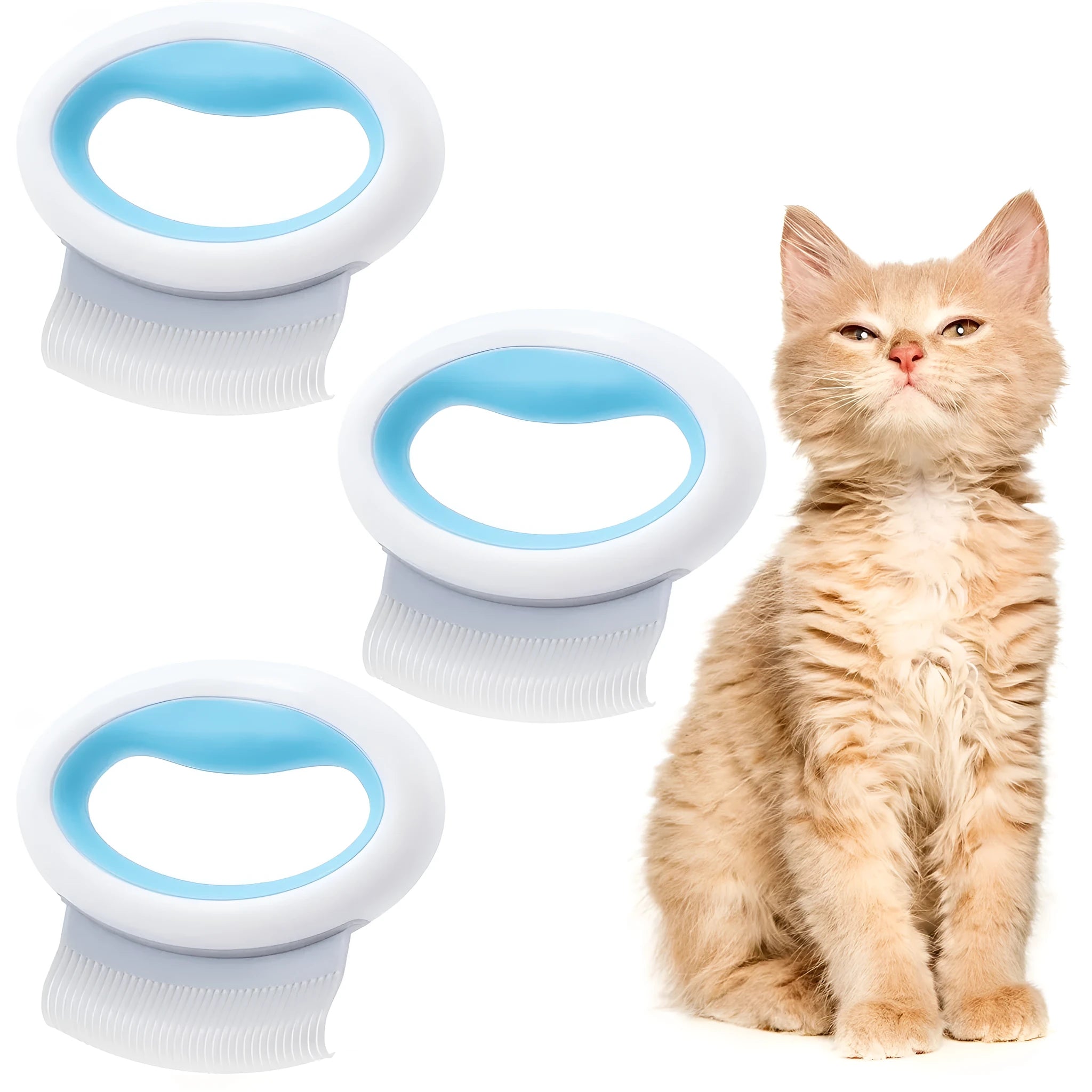 Blue pet grooming comb with soft teeth and ergonomic handle for deshedding cats and dogs.