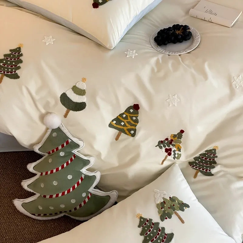 Christmas tree embroidered cotton duvet cover and pillowcases with plants and flowers pattern