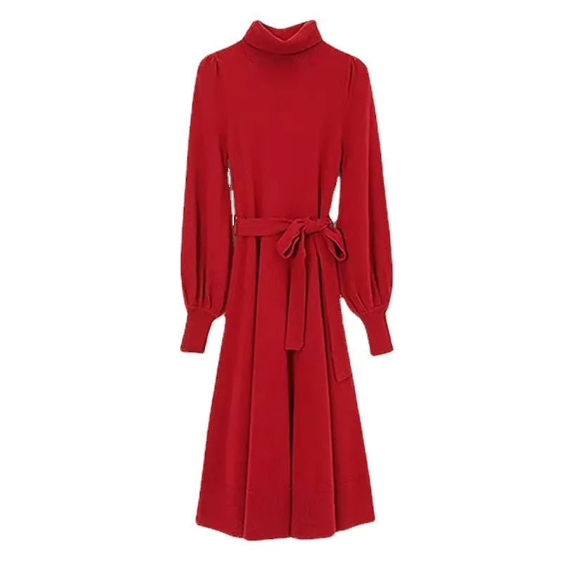 Women's solid colour turtleneck knit dress with long sleeves and elastic waist