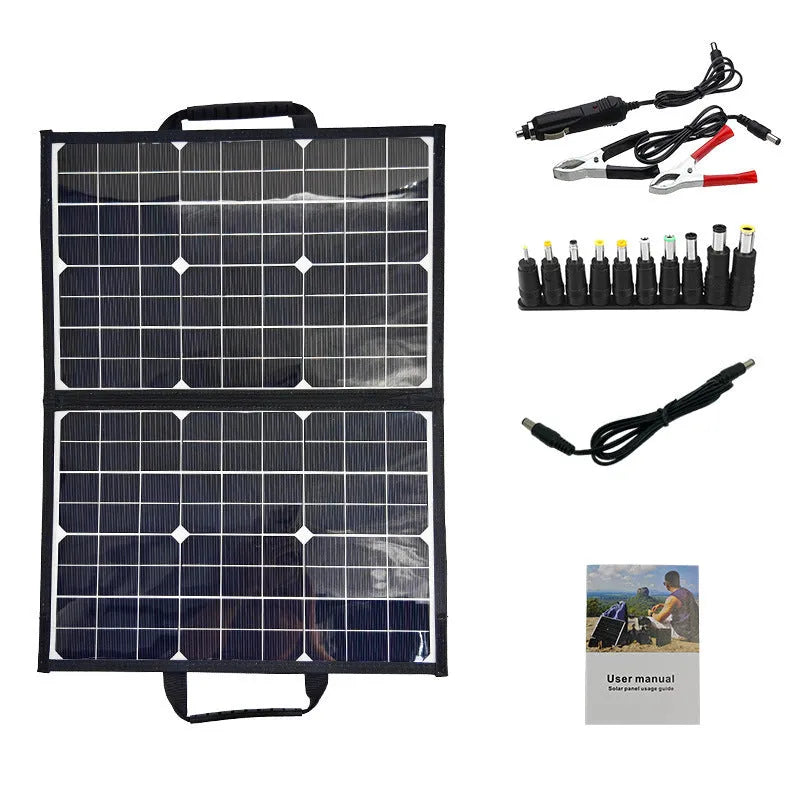 Black foldable solar charger bag showing 40W single crystal panel, folded to compact size for camping.