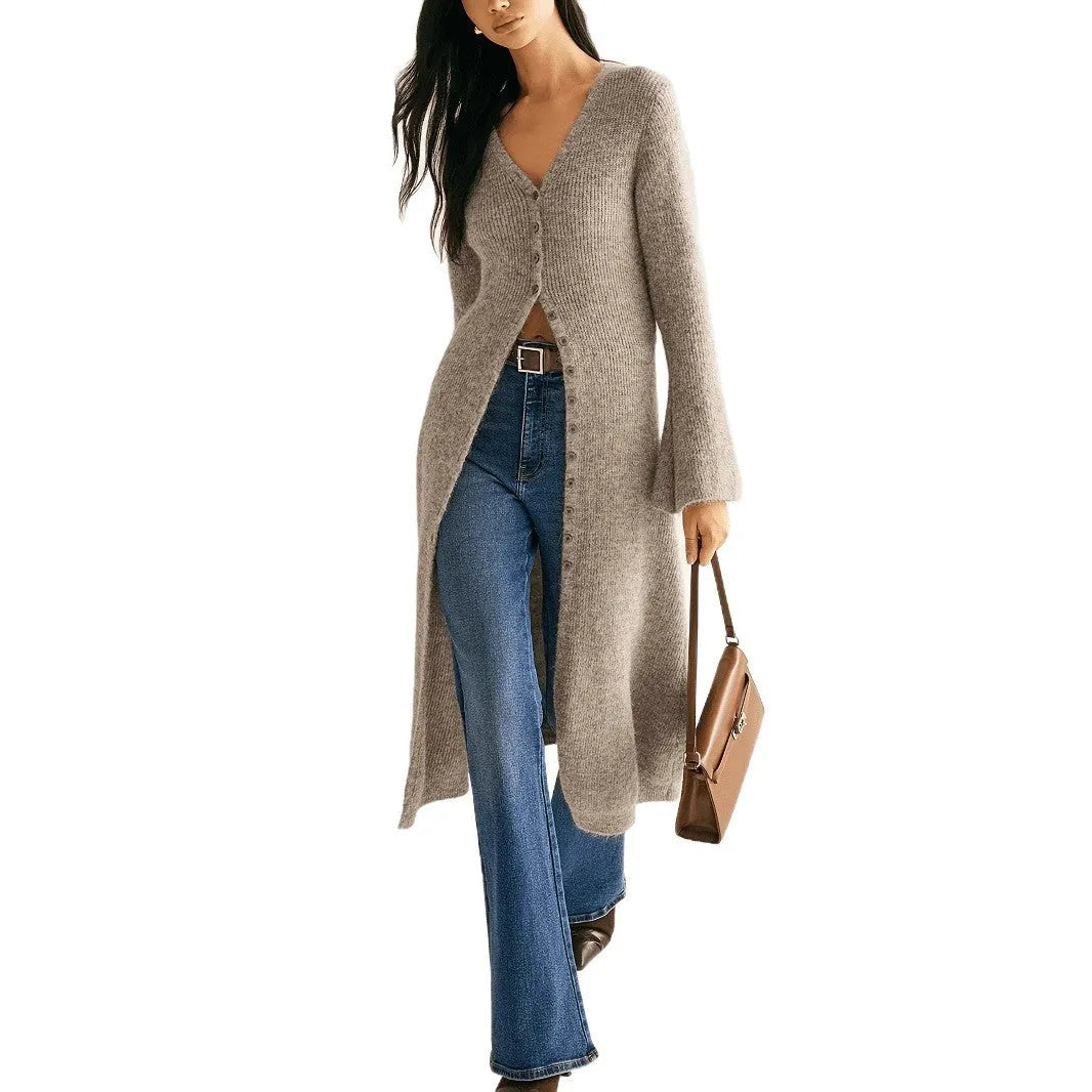 Khaki women's long sleeve cardigan coat with button-front closure in a retro French style.