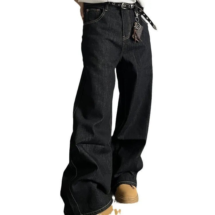 Black loose wide-leg retro jeans with straight-leg cut and mid-rise waist