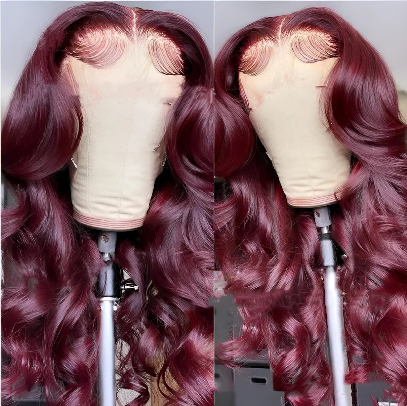 Front lace synthetic wig in wine red long curly style with long bangs on a mannequin head