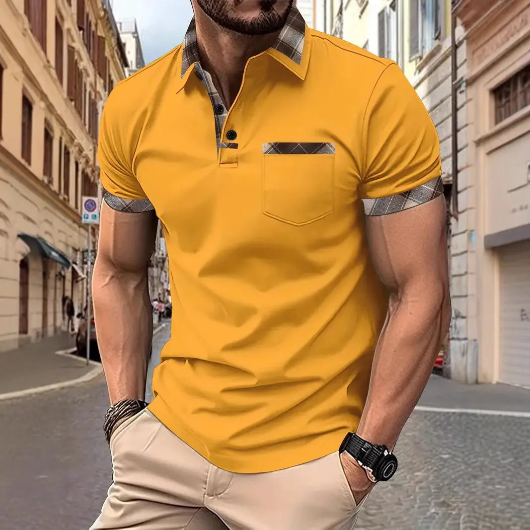 Men's loose fit plaid t-shirt with colourblock design and zipper decoration details