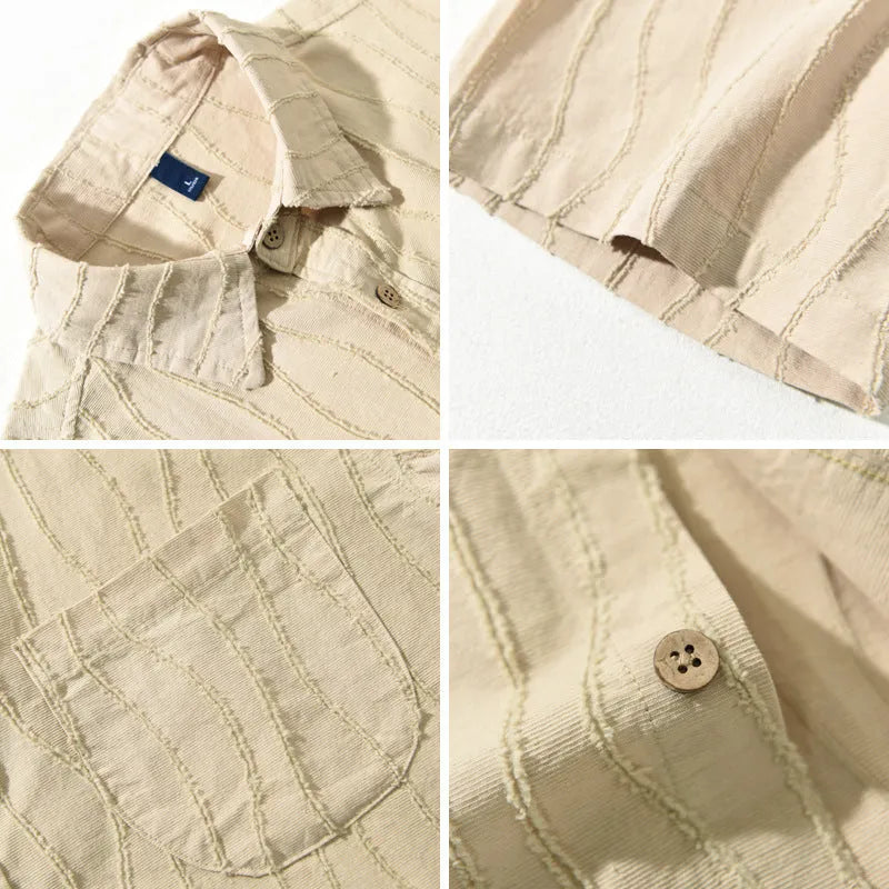 Men's pure cotton casual shirt in apricot colour with Japanese fresh style and short sleeves