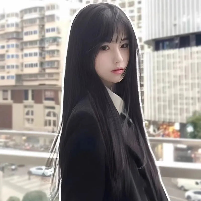 Black long straight wig with bangs made from high temperature fibre material