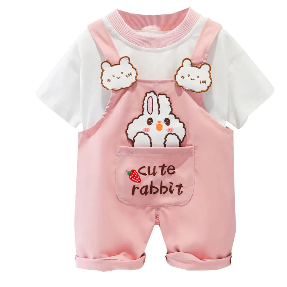 Yellow baby short-sleeved cotton overalls with cartoon print, adjustable straps, and an openable front.