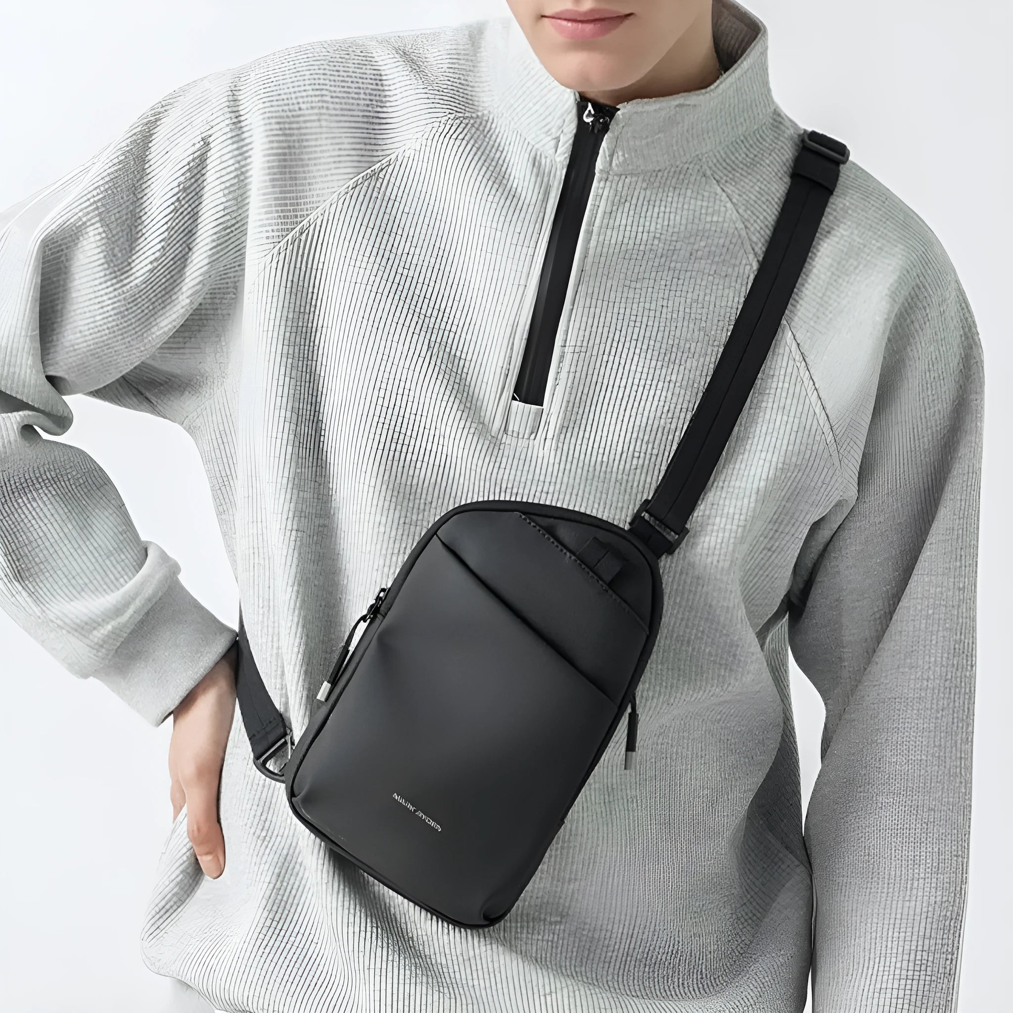 Men's elegant black Oxford cloth crossbody bag with sewing thread details