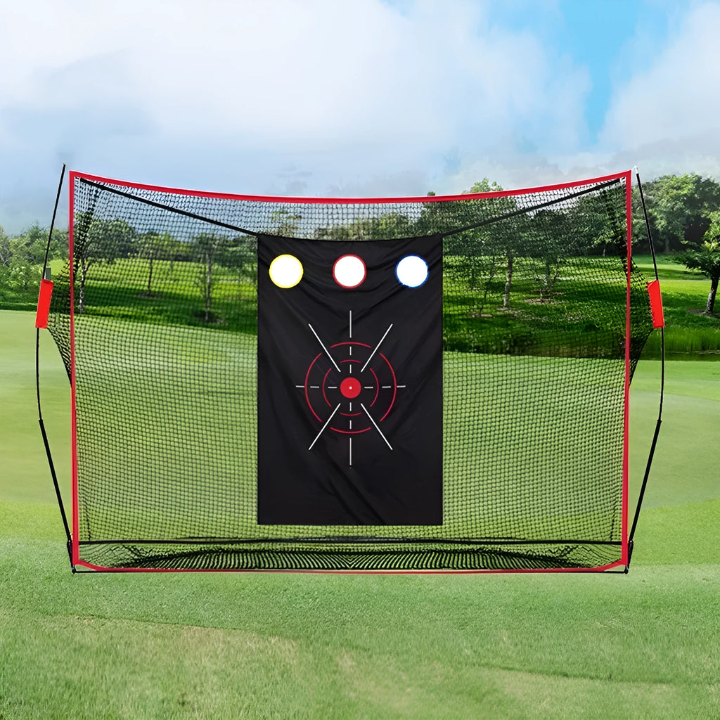 Golf swing wedge training net with 3-hole target, straw mat, practice balls and accessories