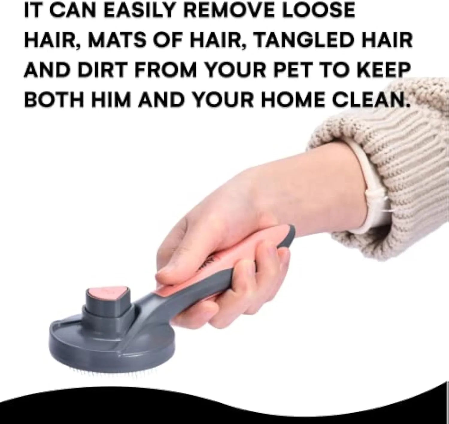 Grey self-cleaning slicker brush for pets with a one-click button and comfort-grip handle