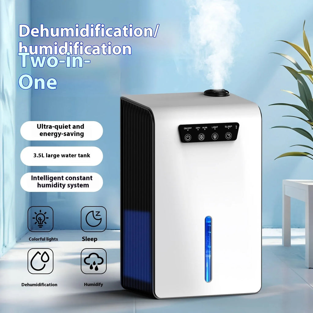 Milky white compact household dehumidifier with water reservoir tank on a bedroom floor.
