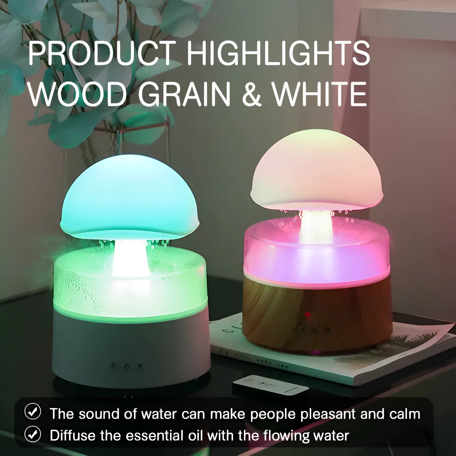 White cloud-shaped humidifier emitting mist with LED lights and falling water droplets