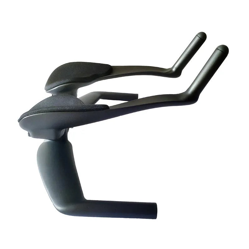 Black carbon fibre time trial bicycle handlebar with aerobar extensions, shown from the side.
