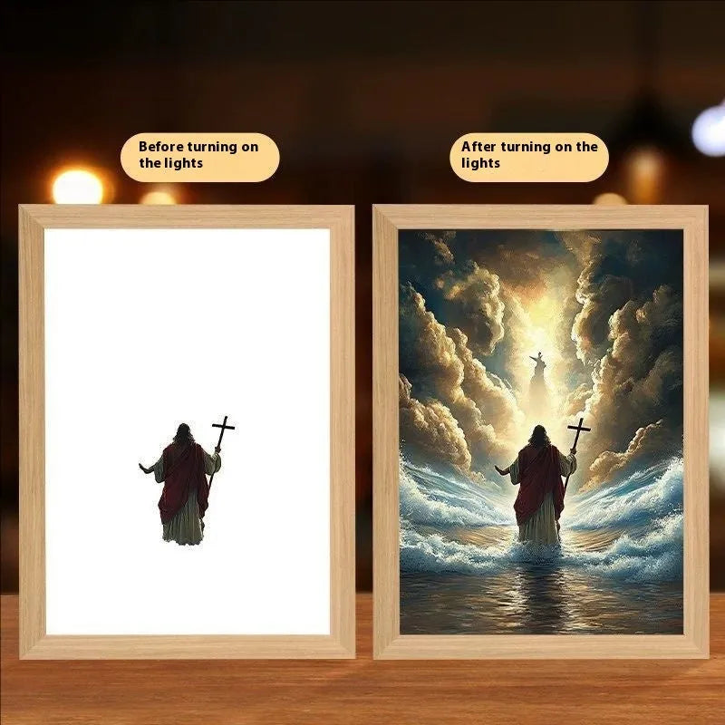 A4 LED light painting photo frame with modern rectangular design and themed artwork options