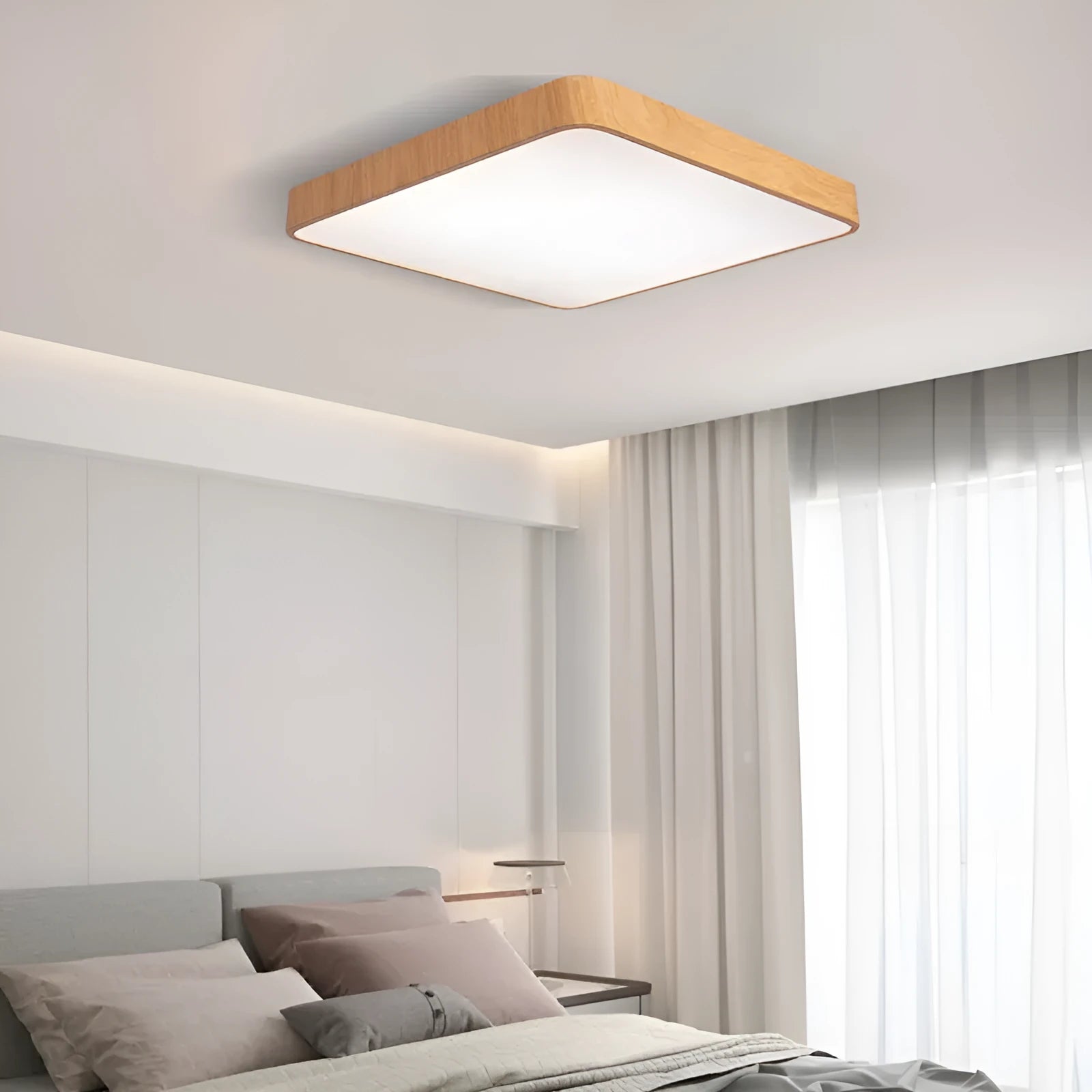 Square Nordic style LED bedroom light with wood grain finish, shown in a modern room setting.