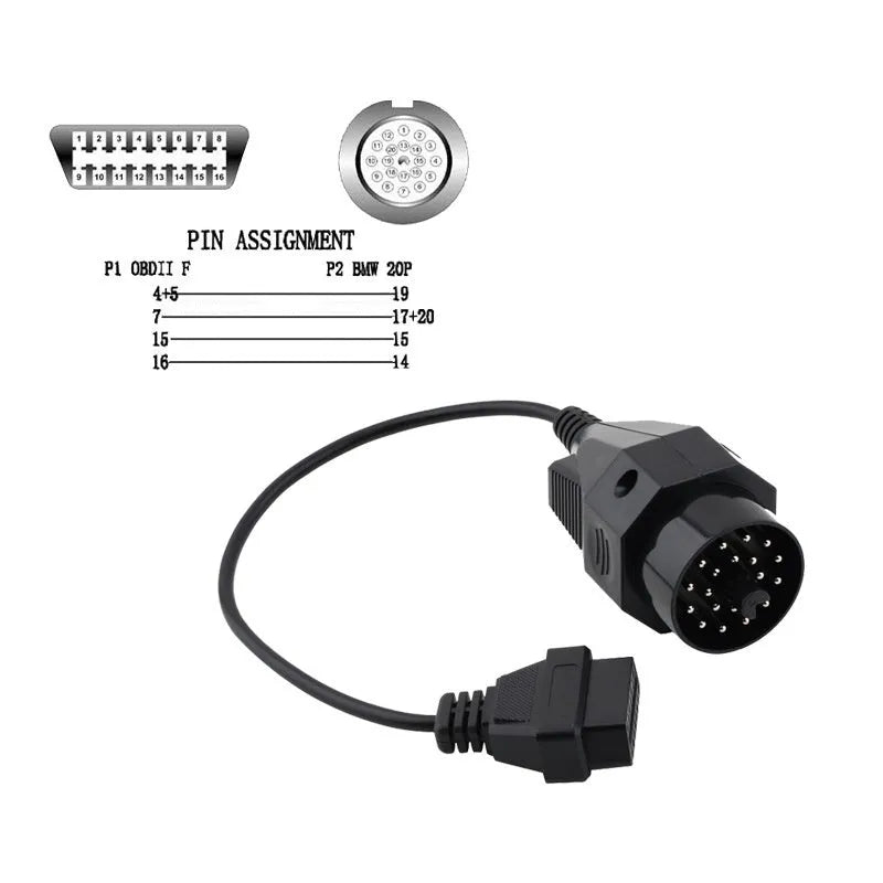 BMW OBD2 diagnostic adapter cable showing 20-pin male and 16-pin female connectors