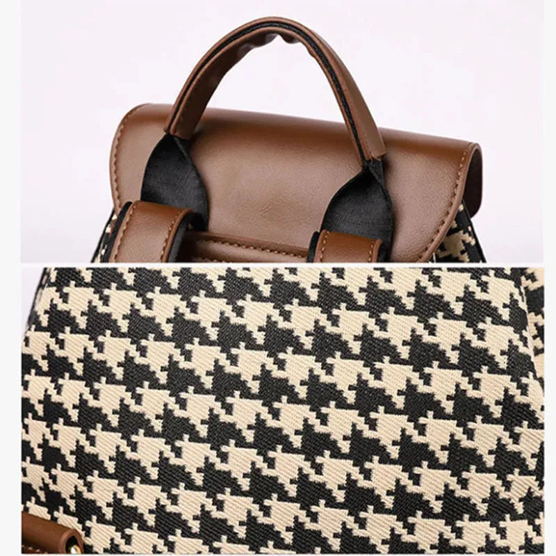 Women's houndstooth backpack in Ostrich with Khaki colour, medium size cylindrical shape with car stitching and contrast colour details