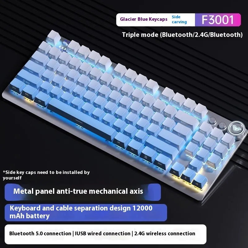 Wireless mechanical keyboard with metal construction and side-engraved keycaps showing Bluetooth connectivity options