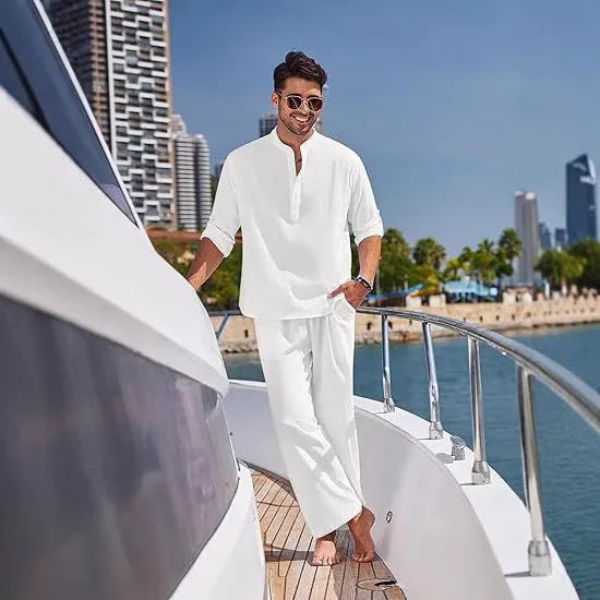 Men's solid colour casual cotton long sleeve trouser suit shown in available colours