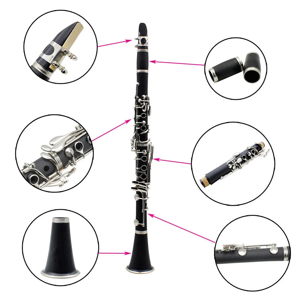 Black Bakelite clarinet with 17 nickel-plated keys and carrying case