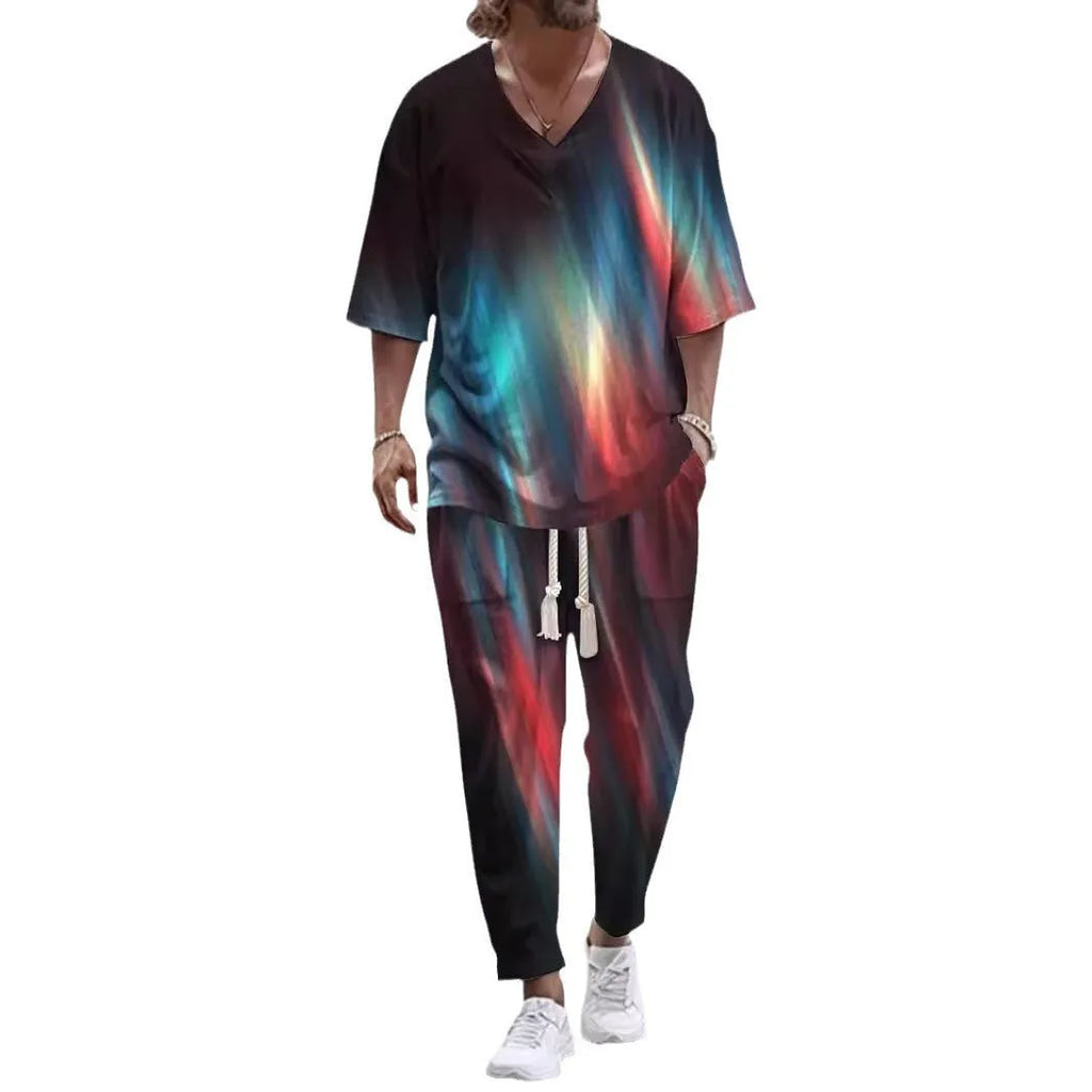 Cropped sleeves V-neck trousers suit in lightweight polyester fabric with matching trousers
